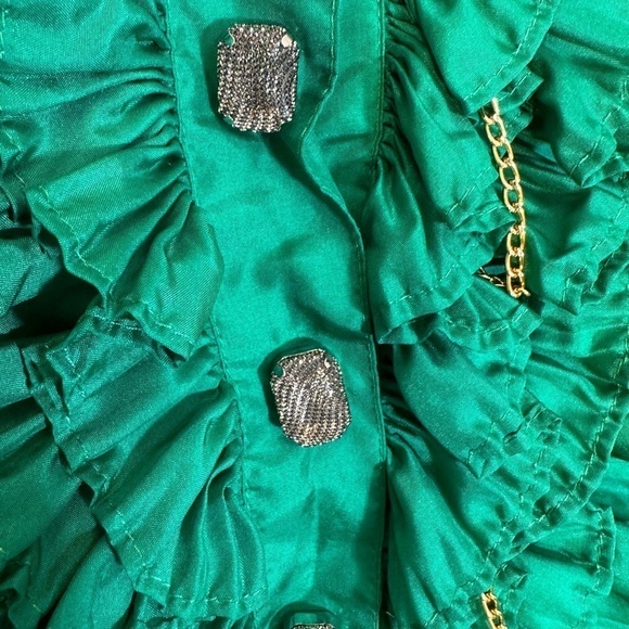 Meghan Los Angeles 100% Silk Emerald Green Front Ruffle Buttons Chains Blouse 0 - Picture 6 of 11